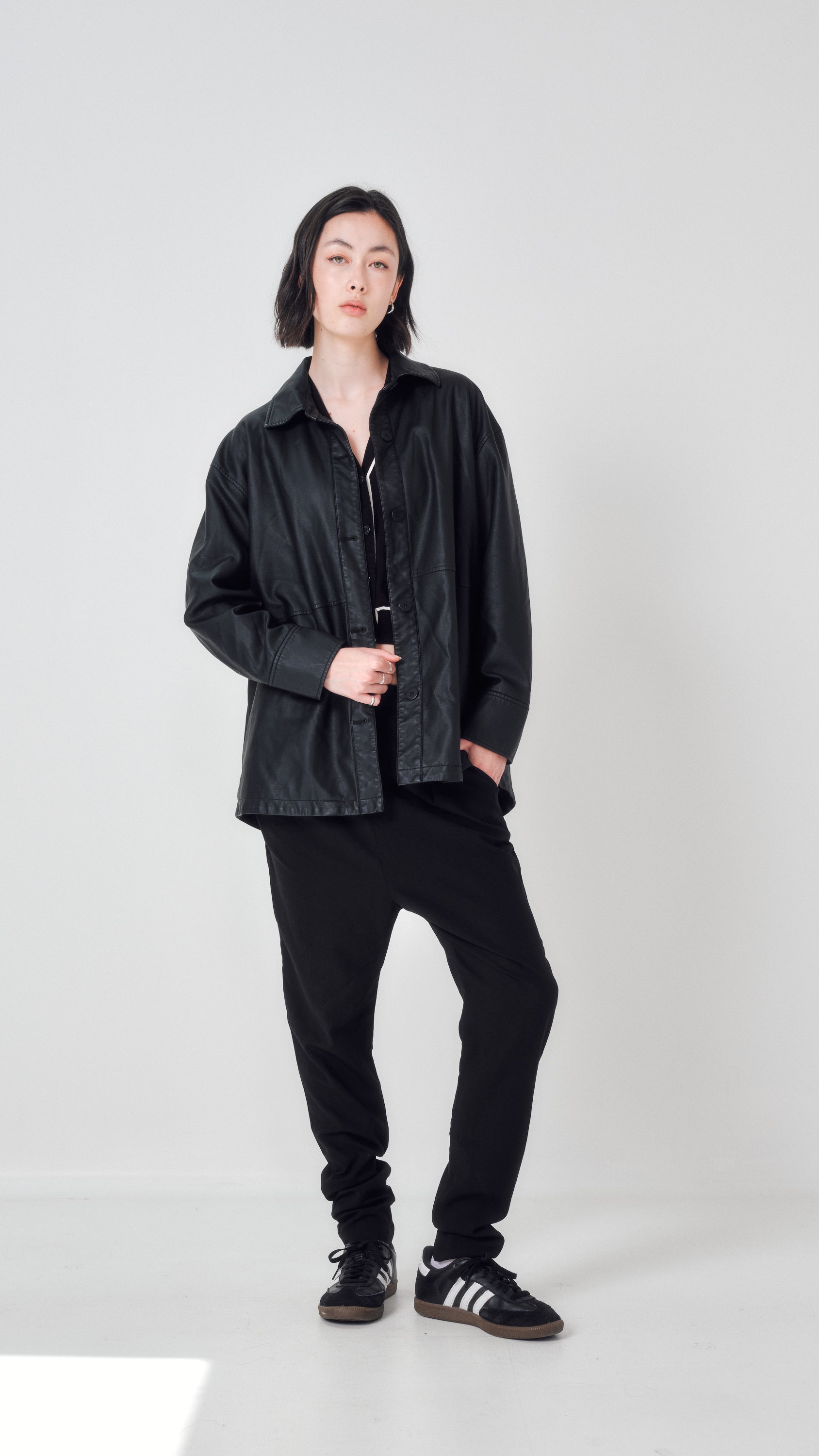 Glassons Faux Leather Blazer Zip Through Knit Jacket In Black
