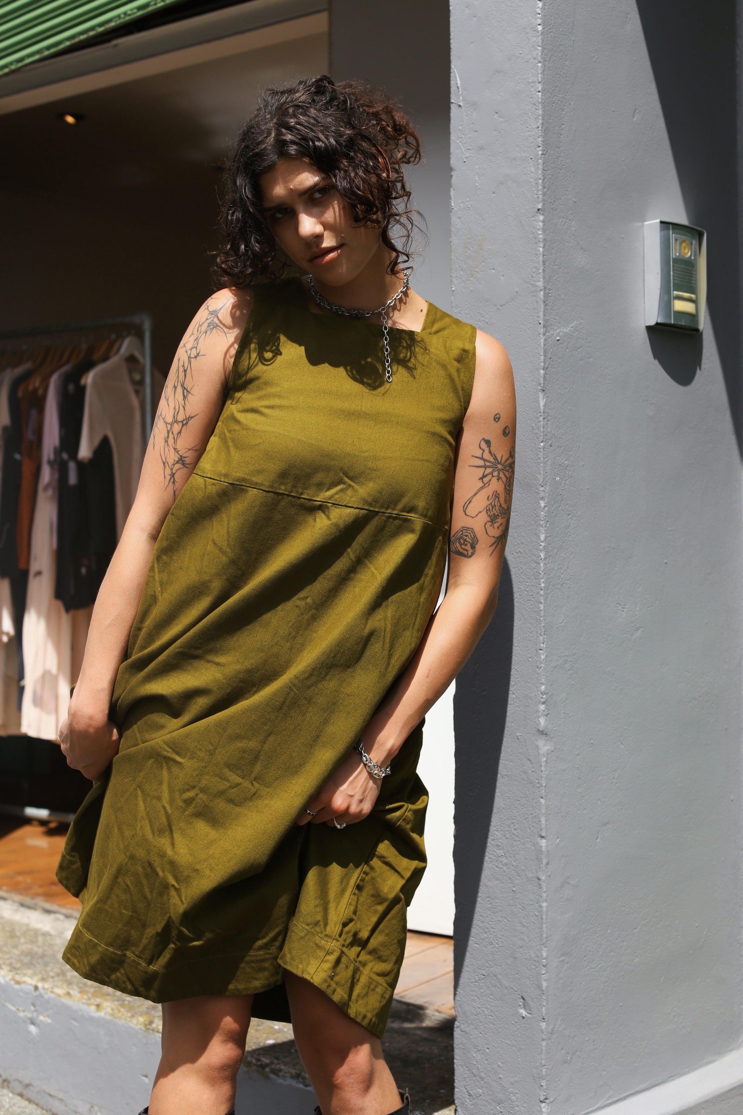Kowtow pinafore olive dress