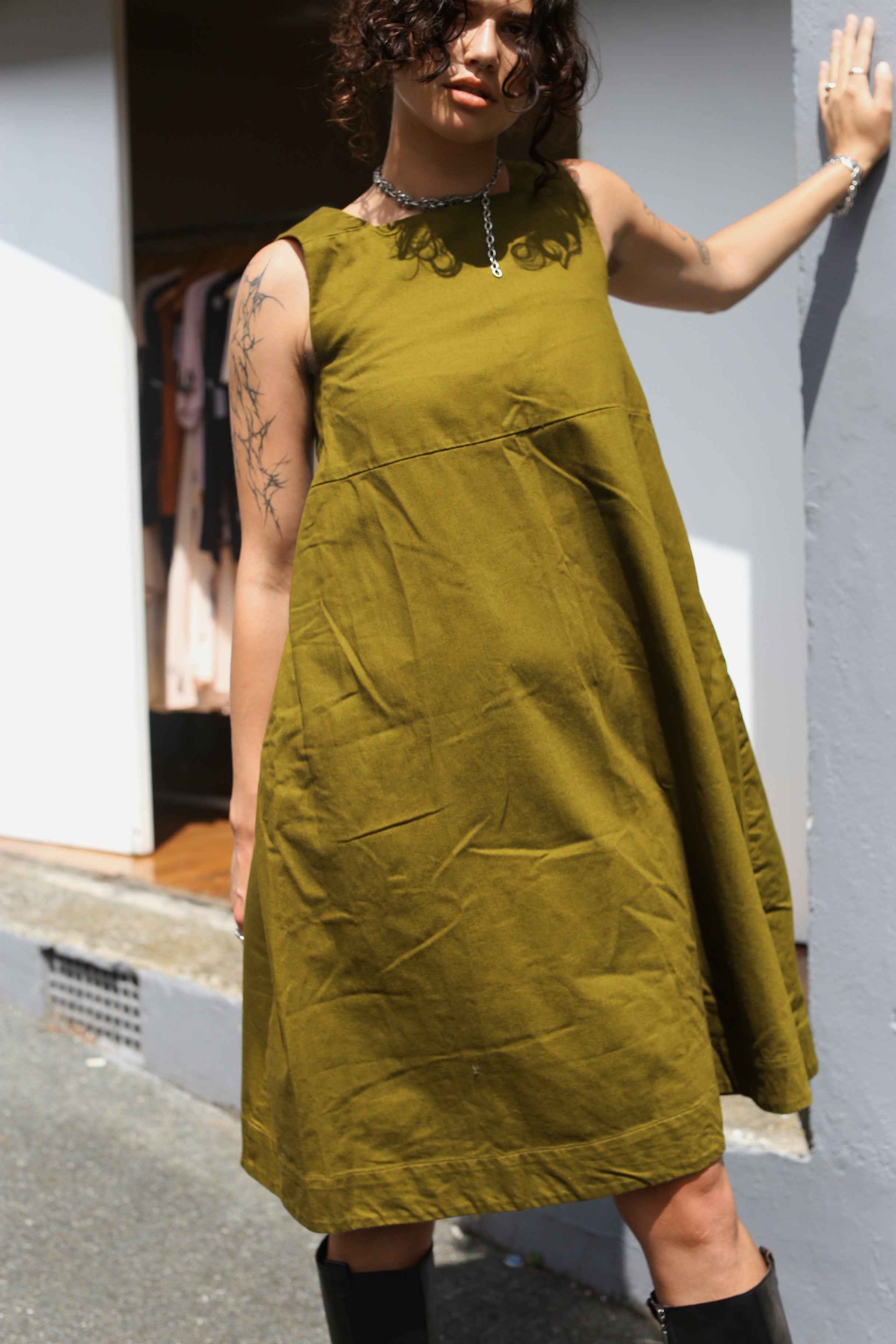 Kowtow pinafore olive dress