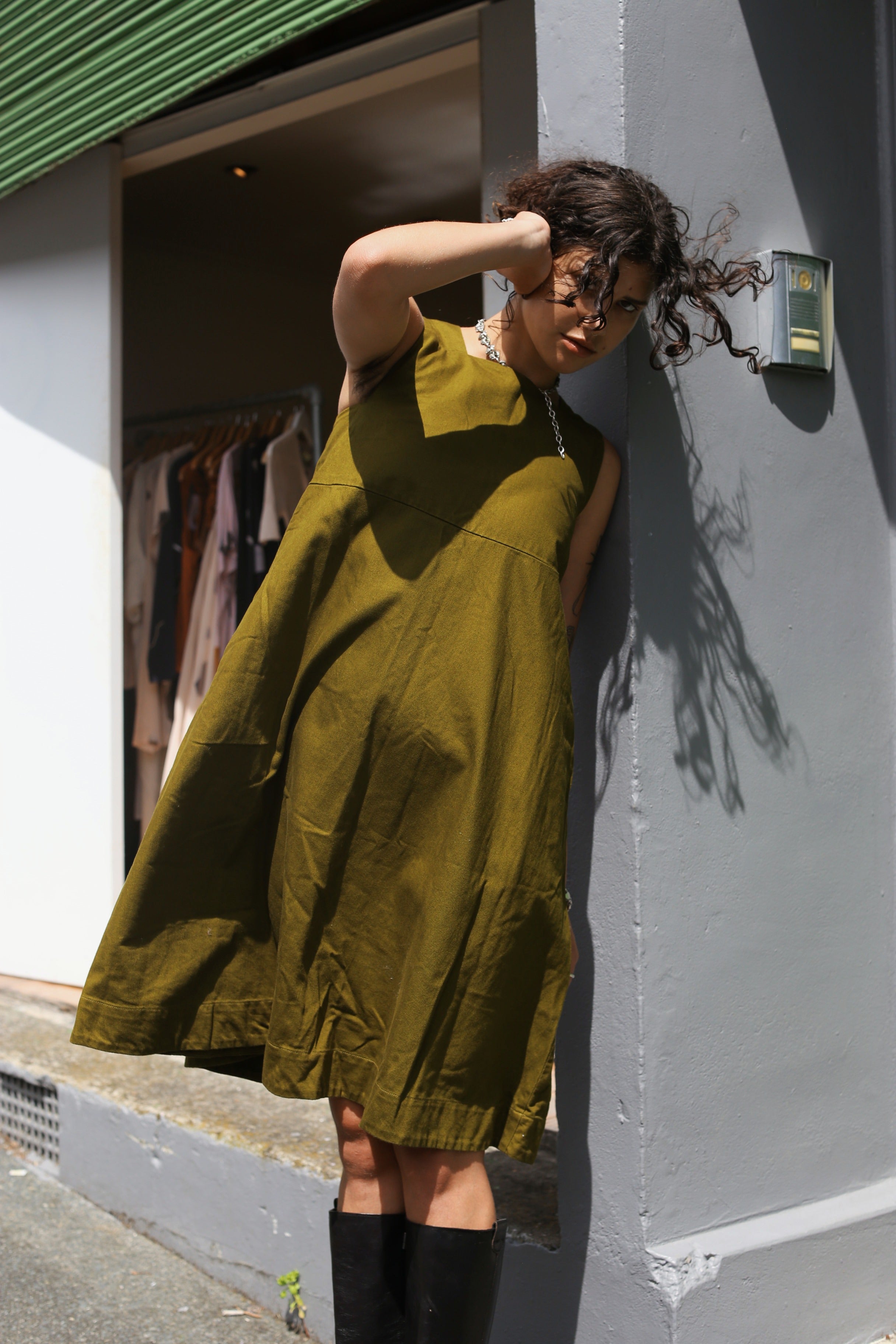 Kowtow pinafore olive dress